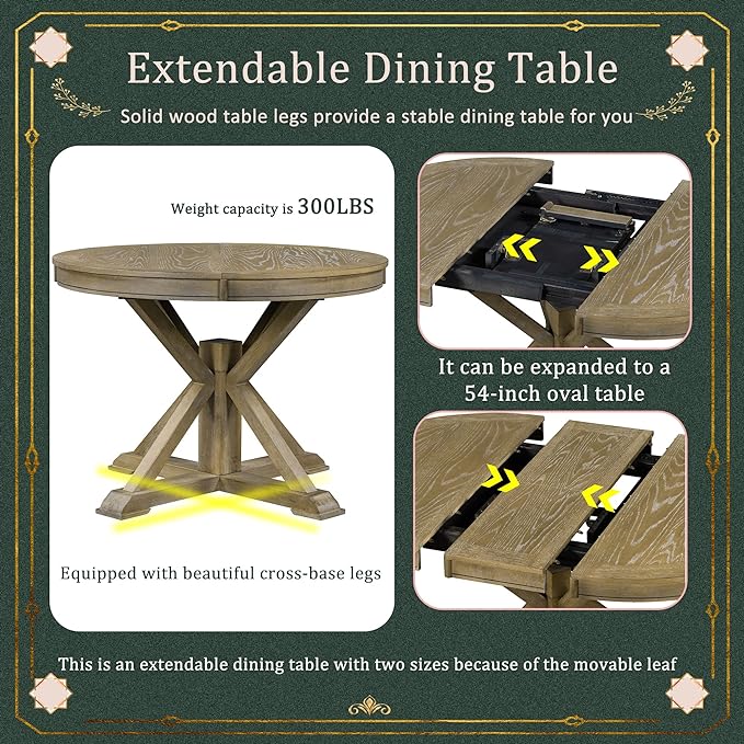 LUMISOL 42"-54" Extendable Round Dining Table for 4-6, Farmhouse Round to Oval Kitchen Table with 12" Removable Leaf and Pedestal Base, Wood Dinner Tables for Dining Room, Living Room, Natural