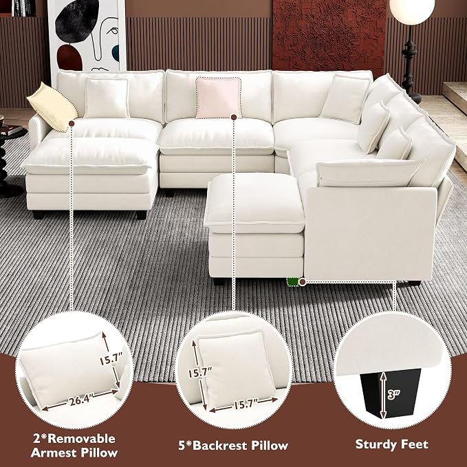 Ihanherry 114" V-Shaped Modern Sofa Modular Sectional Cloud Couch with 2 Ottoman, 7-Seat Chenille Deep Seat Sofa with Corner Section for Living Room, Bedroom and Apartment, Beige