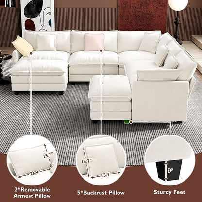 Ihanherry 114" V-Shaped Modern Sofa Modular Sectional Cloud Couch with 2 Ottoman, 7-Seat Chenille Deep Seat Sofa with Corner Section for Living Room, Bedroom and Apartment, Beige