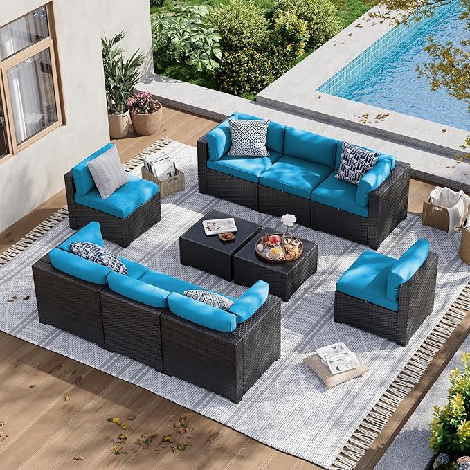 Aoxun 10 Piece Patio Furniture Set Wicker Rattan Patio Sectional Sofa Set Outdoor Seating Furniture with Thickened Cushion, Peacock Blue