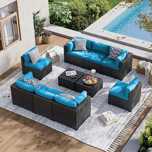 Aoxun 10 Piece Patio Furniture Set Wicker Rattan Patio Sectional Sofa Set Outdoor Seating Furniture with Thickened Cushion, Peacock Blue