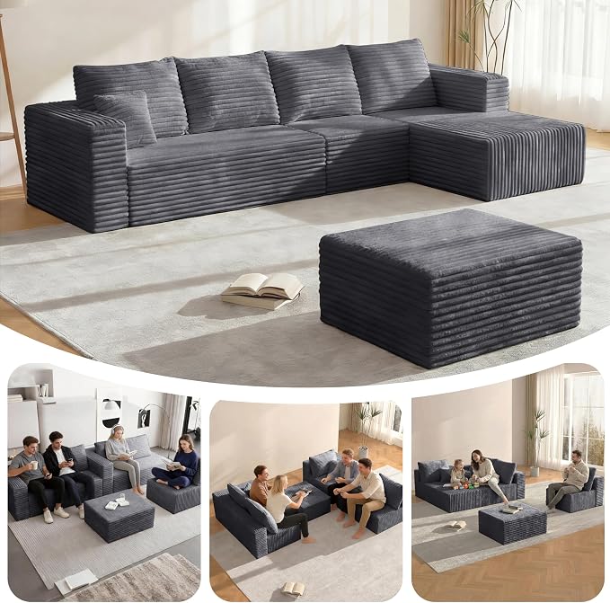 BSHOMGI 92.5'' U-Shaped Boneless Couches, Comfy Corduroy 3 Seaters Sofas with Ottoman, Modern High Back Sectional Sofa for Living Room with Oversized Chaise Deep Seat Sofa, No Assembly Needed