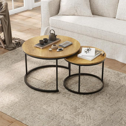 Smuxee Nesting Coffee Table Set of 2, 27.6" Round Coffee Table Wood Grain Top with Adjustable Non-Slip Feet, Industrial End Table Side Tables for Living Room Bedroom Balcony Yard