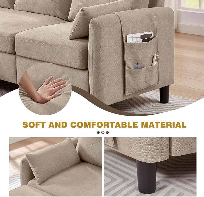 Convertible Sectional Couch Set, 77" L Shaped Sofa with Ottoman and 57" Loveseat, Modern Couches for Living Room, Apartment and Office, Beige