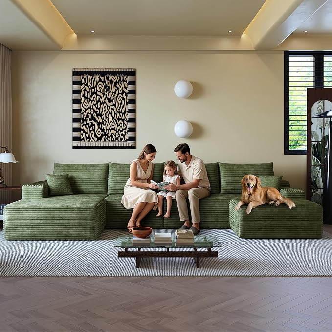 AUGOP 136" Sectional Couches for Living Room Modern Modular Sofa with L-Shape Couchs Upholstered Boneless Couch Deep Seat Sectional Couch with Chaise (Green, Left Facing Chaise+3Seaters+Ottoman)
