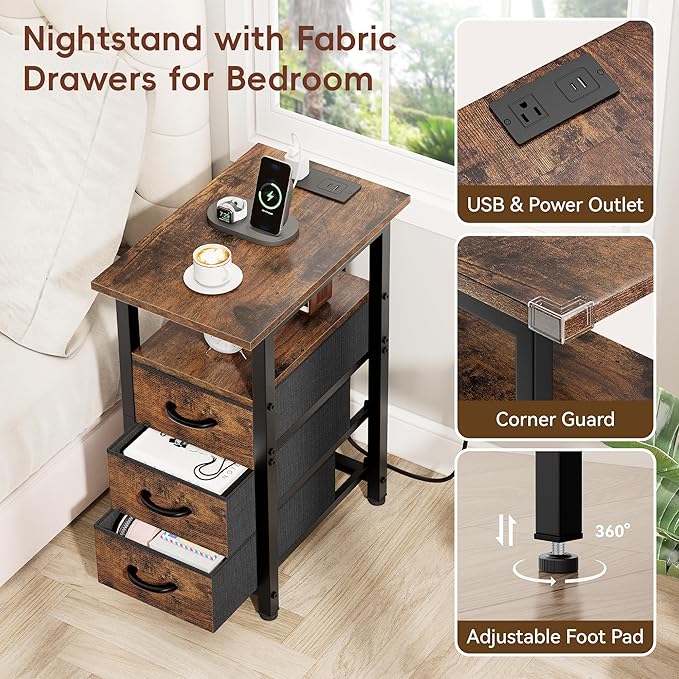Vagusicc Set of 2 Night Stand with Charging Station, Narrow Nightstand with U-S-B Ports and Outlets, Small Night Stand 3 Fabric Storage Drawers, Small Bedside Table, Rustic Brown