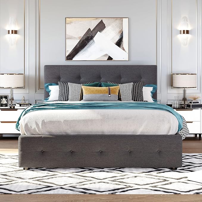 Ball & Cast Queen Bed Frame with 2 Drawers and 1 Twin XL Trundle, Linen Upholstered Platform Bed Frame Queen Size with Button Tufted Headboard & Wood Slats Support,No Box Spring Needed,Dark Gray
