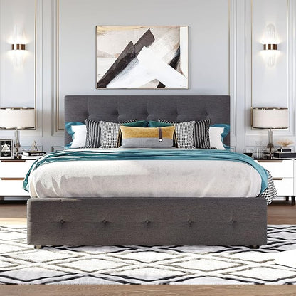 Ball & Cast Queen Bed Frame with 2 Drawers and 1 Twin XL Trundle, Linen Upholstered Platform Bed Frame Queen Size with Button Tufted Headboard & Wood Slats Support,No Box Spring Needed,Dark Gray