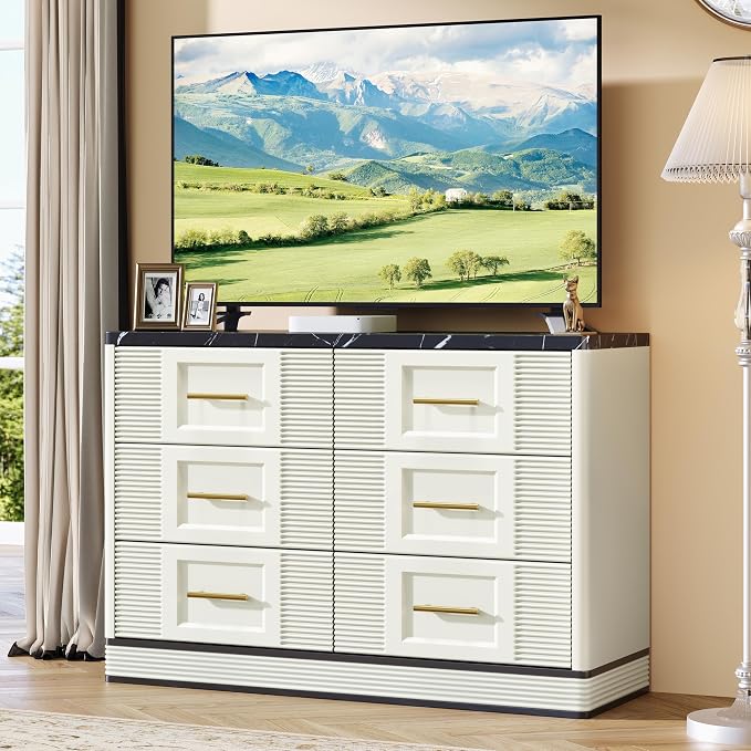 RECHHX Farmhouse 6 Drawers Dresser for Bedroom, 47.2" Wide Large Modern Marble-Effect Chest of Drawers, Wooden Thermoformed Curved Dresser Organizer for Bedroom, Living Room, White