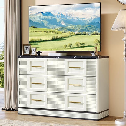 RECHHX Farmhouse 6 Drawers Dresser for Bedroom, 47.2" Wide Large Modern Marble-Effect Chest of Drawers, Wooden Thermoformed Curved Dresser Organizer for Bedroom, Living Room, White