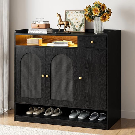 LIKIMIO Rattan Shoe Storage Cabinet, 30 Pairs 6-Tier Shoe Cabinet Storage for Entryway with LED Light, Drawer & Doors, Adjustable Shelves, Shoe Rack Organizer for Hallway, Living Room, Black
