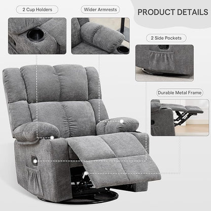 360°Swivel Rocker Recliner Chair Set of 2,Rocking Recliner Chair with Adjustable Headrest for Adults,Upholstered Fabric Rocking Chair Swivel for Bedroom,Living Room,Grey