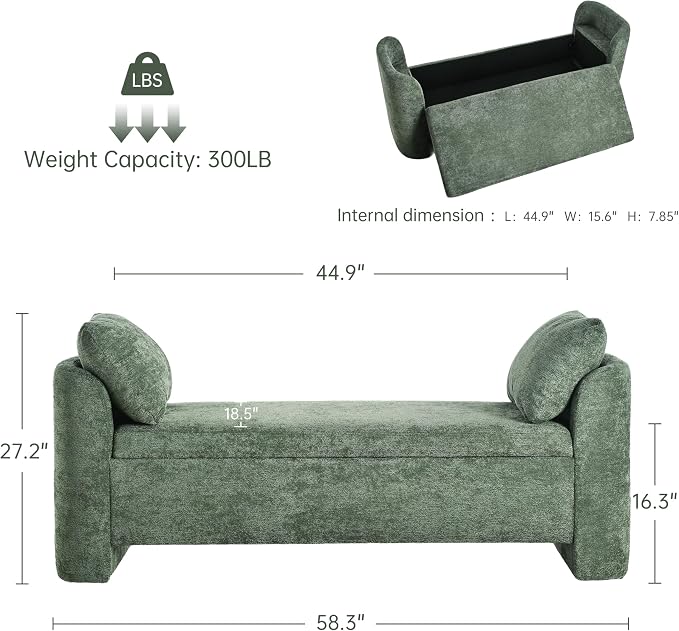 Usaint 58.3" Storage Ottoman Bench with Pillows, Upholstered End of Bed Bench with Arms, Footrest Stool Bench for Bedroom, Living, Window, Entryway and Hallway, Green