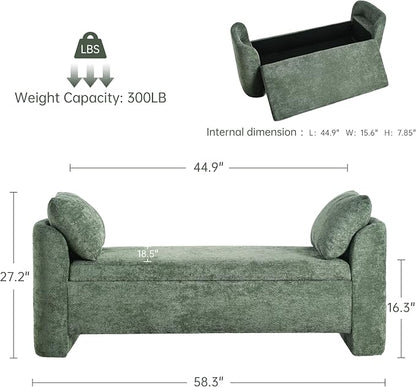 Usaint 58.3" Storage Ottoman Bench with Pillows, Upholstered End of Bed Bench with Arms, Footrest Stool Bench for Bedroom, Living, Window, Entryway and Hallway, Green