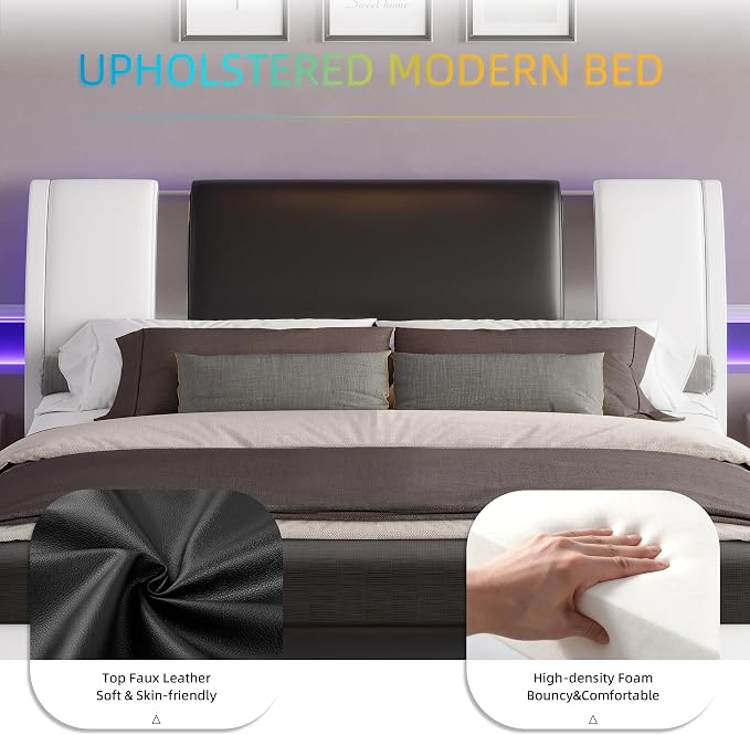 Keyluv Modern Queen Size Bed Frame with Mirror Metal Decoration, Faux Leather Upholstered Platform Bed with Curved Headboard, Wooden Slats Support, No Box Spring Needed, WhiteBlack