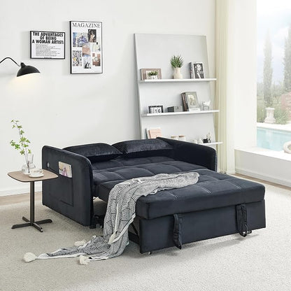 55.5" Velvet Convertible Sofa Bed, Pull Out Sleeper Sofa Bed, Loveseat Couch with USB Charging Ports, 3 in 1 Convertible Sleeper Sofa Bed for Living Room, Apartment, Bedroom, RV, Black