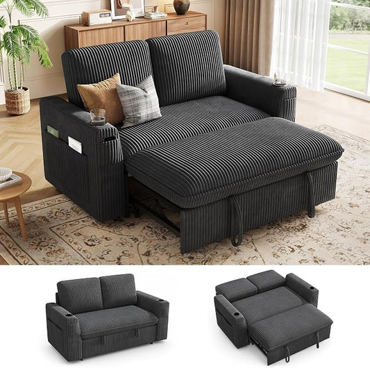 Sleeper Sofa with Pull Out Bed, Plush Corduroy Convertible Sofa Bed with Adjustable Backrest and Cup Holders, Loveseat Sleeper Couches for Living Room, Apartment, Dark Grey