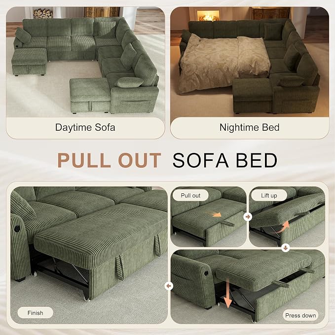 Hanherry 106" Sectional Sofa with Pull Out Couch Bed,7 Seat Corduroy Sleeper Sofa with 2 Seat Storage & USB Charging,Storage Ottoman,Comfy Modular Couches for Living Room,Apartment