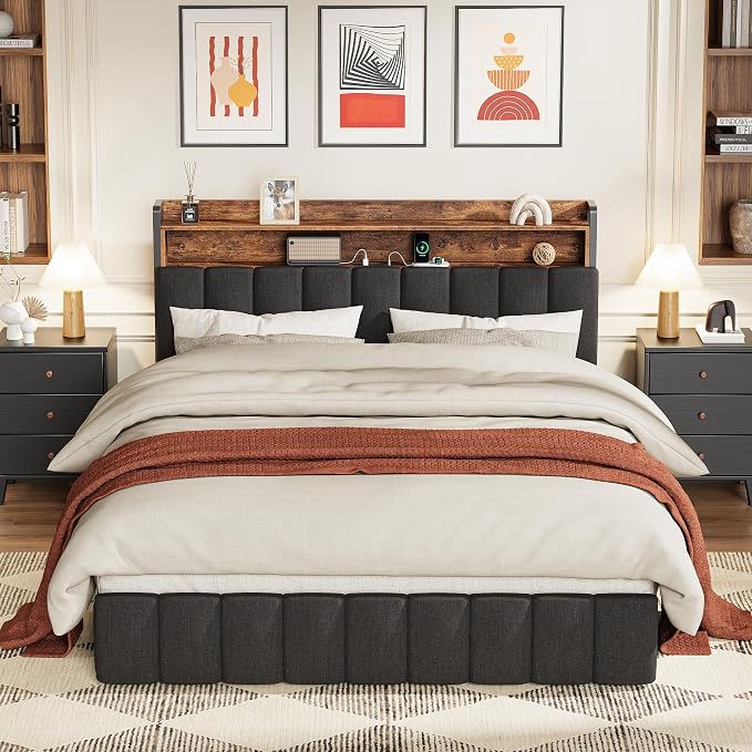 PRAISUN Bed Frame Queen Size with Upholstered Headboard & Charging Station, Queen Bed Frame with 4 Storage Drawers, 2-Tier Open Shelves, No Box Spring Needed, Slient Foam Strip, Easy Assembly, Black
