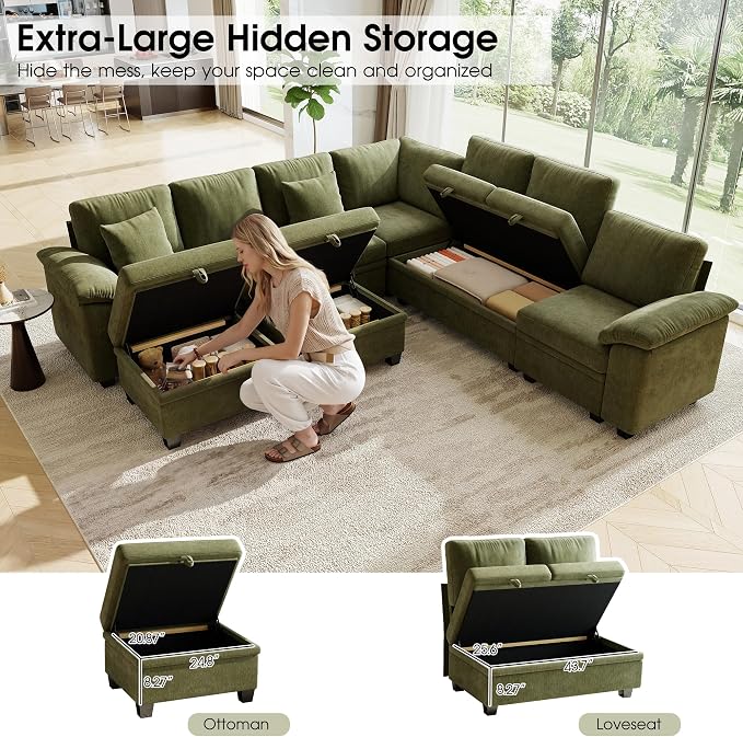 107.8" Oversized Modular Sectional Sofa with Pull Out Bed, 9 Seat U Shaped Sectional Sleeper Sofa with 291L Storage, Convertible Cloud Couch Bed, Sectional Couches for Living Room, Apartment (Green)