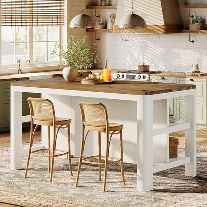 63-Inch Solid Wood Kitchen Island with Storage Shelves, Farmhouse Island Table with Seating, Counter Height Bar Table for Dining Room, Kitchen, Easy to Assemble, Brown and White