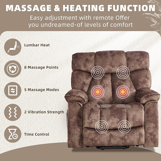 CANMOV Power Lift Recliner Chair for Elderly with Vibration Massage and Lumbar Heating, Overstuffed Electric Lift Chair with Side Pocket and 2 Cup Holders for Living Room, Brown