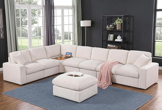 Ball & Cast 146" Oversized Modular Sectional Sofa,Large Chenille Upholstered Couch L-Shaped 8 Seat with Movable Ottoman & 2 Pillows,Comfty Sectionals W/Cup Holders & USB Ports,for Living Room,Beige