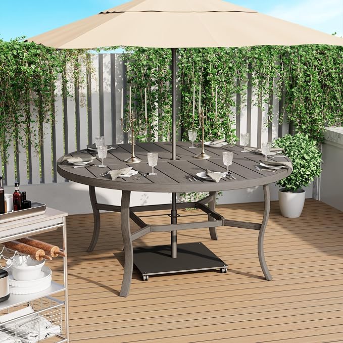 HAPPATIO Patio Dining Set, Aluminum Round Outdoor Dining Set for 8, 61" Round Table with Umbrella Hole and 8 Swivel Chairs, Outdoor Table and Chairs with Removable Cushion for Lawn Yard Patio