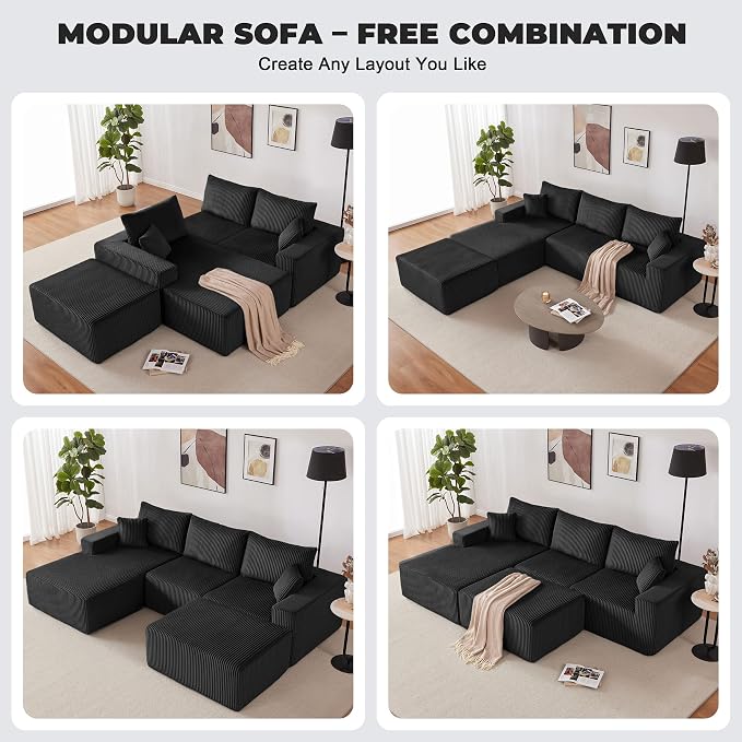 Weture 108” Modular Sectional Couches, Modern Modular U-Shape Sofa with Chaise, Cloud Sectional Couch with Deep Seat, Upholstered Boneless Sofa for Living Room (Corduroy, Black)