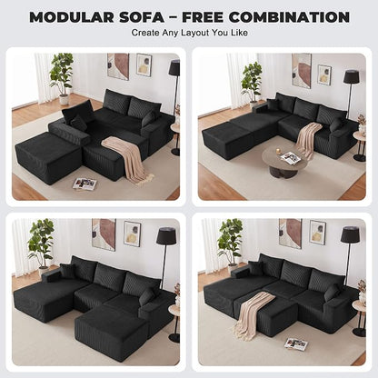 Weture 108” Modular Sectional Couches, Modern Modular U-Shape Sofa with Chaise, Cloud Sectional Couch with Deep Seat, Upholstered Boneless Sofa for Living Room (Corduroy, Black)