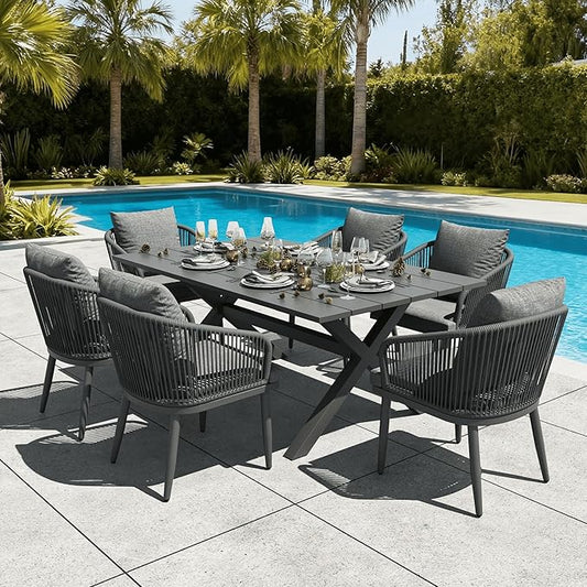 LayinSun 7 Pieces Outdoor Patio Dining Set, Aluminium Rectangular Dining Table and Wicker Rattan Chairs Set for Outside Backyard, Poolside