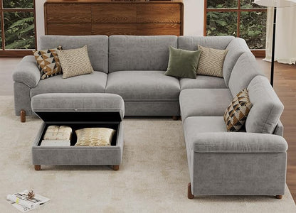 SITJOY Large Cloud Couch, 106" Wide 5 Seater V Shape, Light Gray Chenille | Detachable and Washable Chenille Cover Sectional Sofas for Living Room, Deep Seat Wide Couch with Chaise, Storage Ottoman