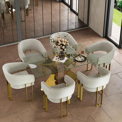 Boucle Dining Chair, Gold Barrel Dining Chair with Arms, Luxury Side Chair with Brushed Gold U-Shaped Legs for Kitchen, Bedroom, Makeup Room (3 PCS)