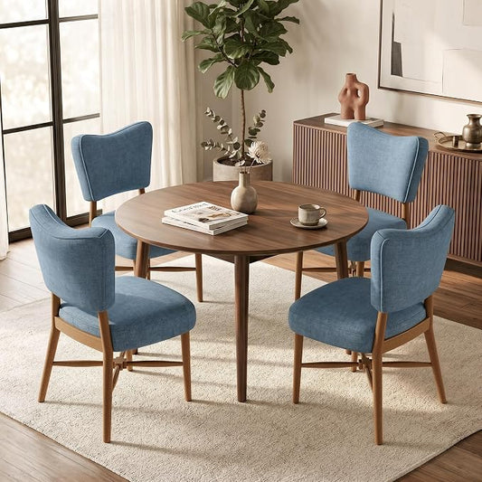 Mid Century Dining Chairs Set of 4, Linen Seat, Wood Legs, Blue | Farmhouse, Upholstered Padded Cushion, Solid Wood Cross-Brace, Easy 15-Min Assembly, Kitchen Dining Room