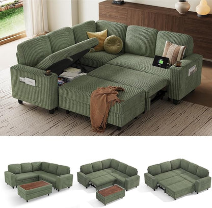 LINSY HOME Sectional Sleeper Sofa with Pull Out Couch Bed for Living Room (Green) | Plush Corduroy