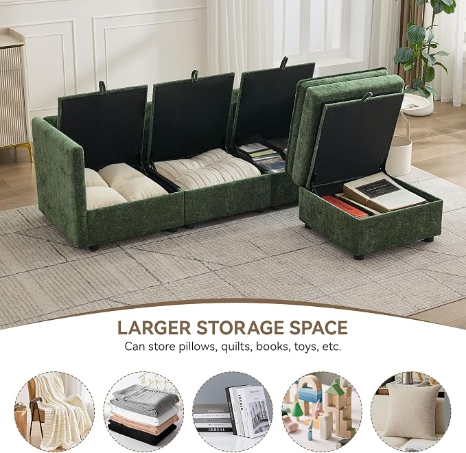80" Cloud Modular 3 Seater Sofa with Storage Ottoman, Modern Upholstered Storage Sofa Couch Deep Seat, L Shape Sectional Sofa Chenille Comfy Couch with Armrests for Living Room, Small Space, Green