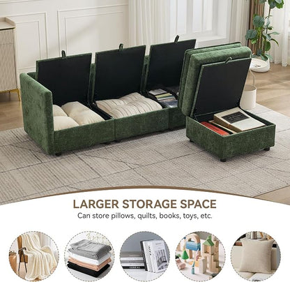 80" Cloud Modular 3 Seater Sofa with Storage Ottoman, Modern Upholstered Storage Sofa Couch Deep Seat, L Shape Sectional Sofa Chenille Comfy Couch with Armrests for Living Room, Small Space, Green