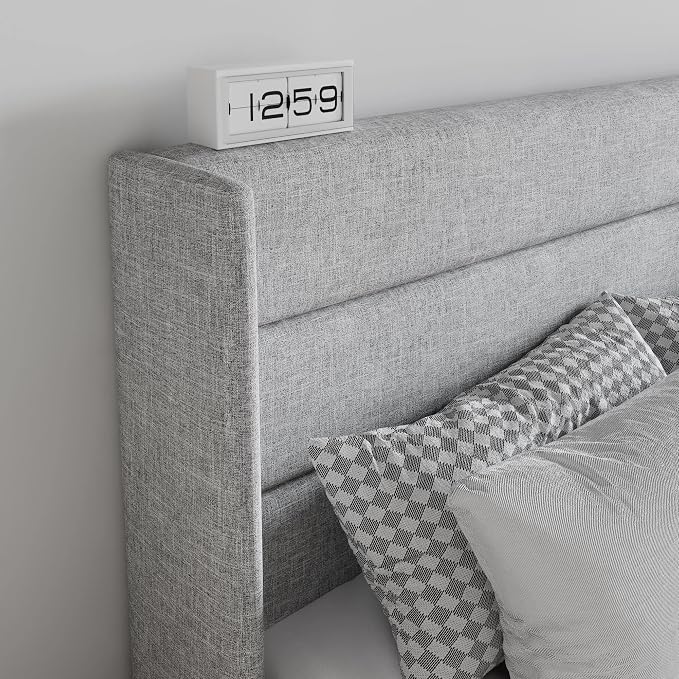 SHA CERLIN Full Size Lift Up Storage Bed/Modern Wingback Headboard/Upholstered Platform Bed Frame/Hydraulic Storage/No Box Spring Needed/Wood Slats Support/Light Grey