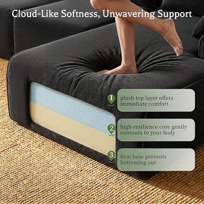 Homkdom 98" Boneless Modular Sectional Sofa, Cloud Couch with 27" Deep Seat & Oversized Chaise, L-Shaped High-Density Foam Sofa for Living Room, No Assembly Required (Black-Check, Right Facing)