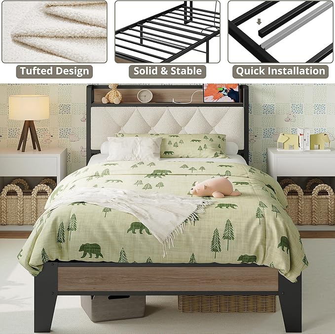 ANCTOR Twin XL Bed Frame, Storage Headboard with Charging Station, Platform Bed Frame with Strong Metal Support, Sturdy and Stable, Noise Free, No Box Spring Needed, Easy Assembly, Wood and Cream