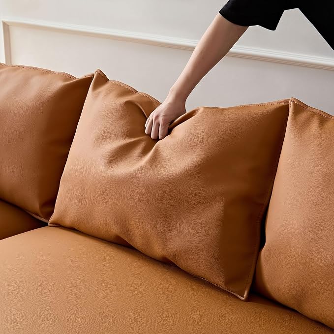 KEIKI 129" Curved Oversized Modular Bonded Leather Sectional Sofa with Left Chaise, 4 Pillows, 3 Back Cushion, Modern Comfy 5-Seater Couch, Easy Assembly, for Apartment, Living Room, Orange