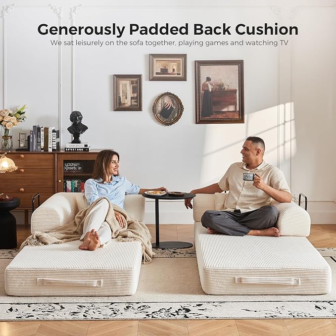 79" 5-in-1 Convertible Sofa Bed No Assembly, Boneless Couch Bed with High Density Foam, Foldable Sleeper Sofa, Corduroy Modular Couch for Apartment, Studio, Dorm Room, Small Space, Beige White