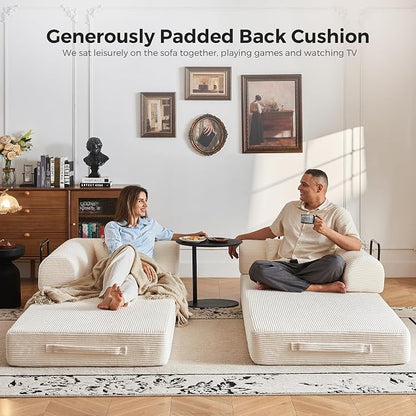 79" 5-in-1 Convertible Sofa Bed No Assembly, Boneless Couch Bed with High Density Foam, Foldable Sleeper Sofa, Corduroy Modular Couch for Apartment, Studio, Dorm Room, Small Space, Beige White