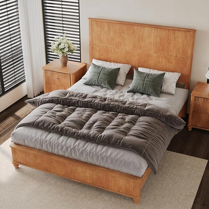 3-Pieces Bedroom Sets, Queen Size Platform Bed with 2 Nightstands, Solid Wood Platform Bed Frame with Tall Headboard and Classic American Turned Legs (Natural, Queen)