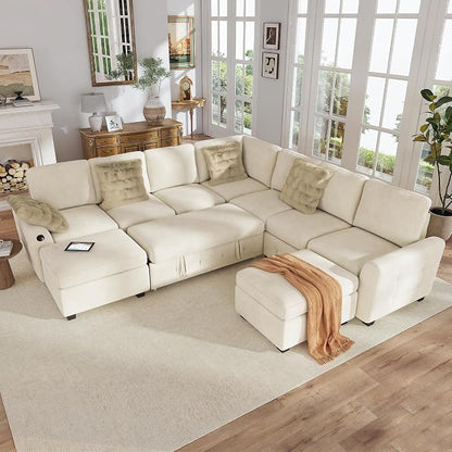 Hanherry 106" Sectional Sofa with Pull Out Couch Bed,7 Seat Corduroy Sleeper Sofa with 2 Seat Storage & USB Charging,Storage Ottoman,Comfy Modular Couches for Living Room,Apartment