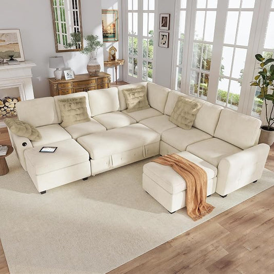 Hanherry 106" Sectional Sofa with Pull Out Couch Bed,7 Seat Corduroy Sleeper Sofa with 2 Seat Storage & USB Charging,Storage Ottoman,Comfy Modular Couches for Living Room,Apartment