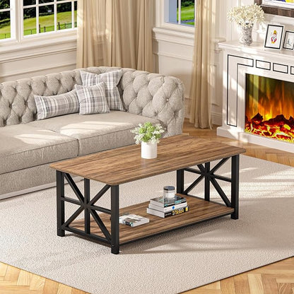 GreenForest Round Corners Coffee Table for Living Room | Rustic Style Center Table with Storage Shelf,39 Inch Space Saving,X-Frame Sofa Table,Easy Assembly,Walnut