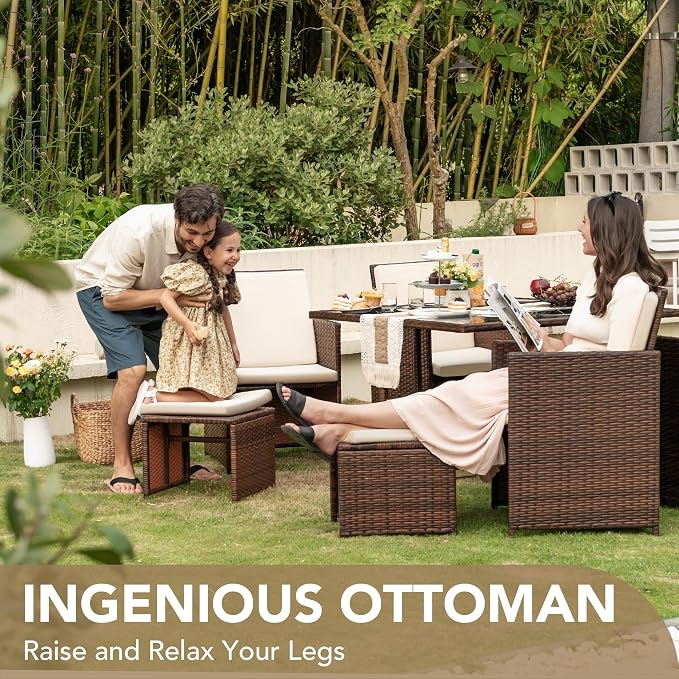 Devoko 9 Pieces Patio Dining Sets Outdoor Space Saving Rattan Chairs with Glass Table Patio Furniture Sets Cushioned Seating and Back Sectional Conversation Set (Beige)