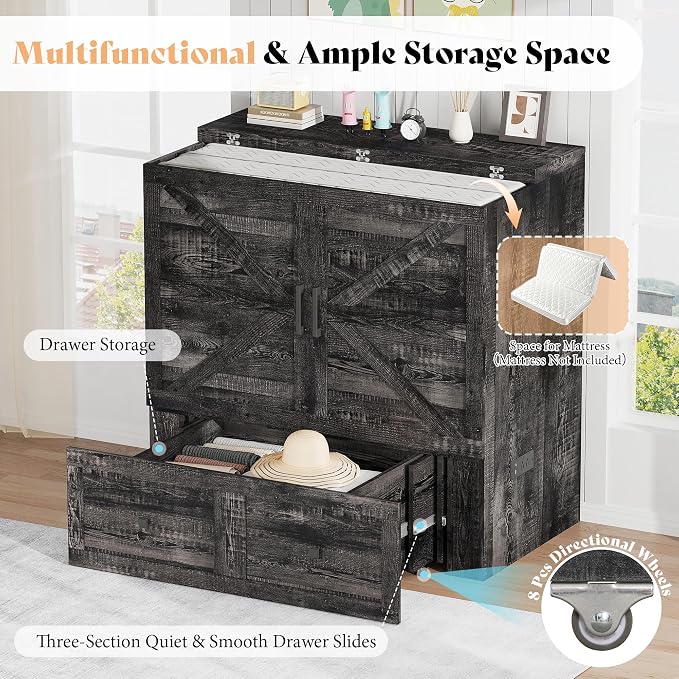 AMERLIFE Twin Murphy Bed Cabinet with Charging Station and Storage Drawer, Farmhouse Foldable Platform Bed for Home Office, Apartment, Small Spaces, Black Oak