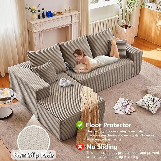 96" Modular Sectional Sofa, Modern Corduroy Cloud Couch with Deep Seat, Boneless Couch Upholstered 3-Seater L-Shaped Sofa for Living Room, No Assembly Required (Camel, Left-Facing Chaise)